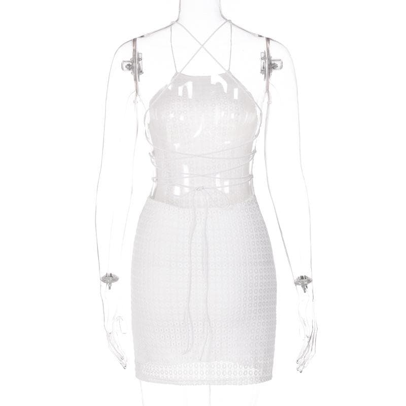 Textured cross back lace up solid backless mini dress - View 4