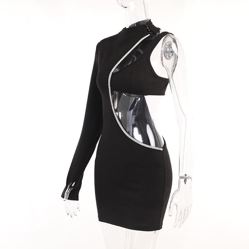 Beaded irregular button gloves hollow out long sleeve mini dress - View 3