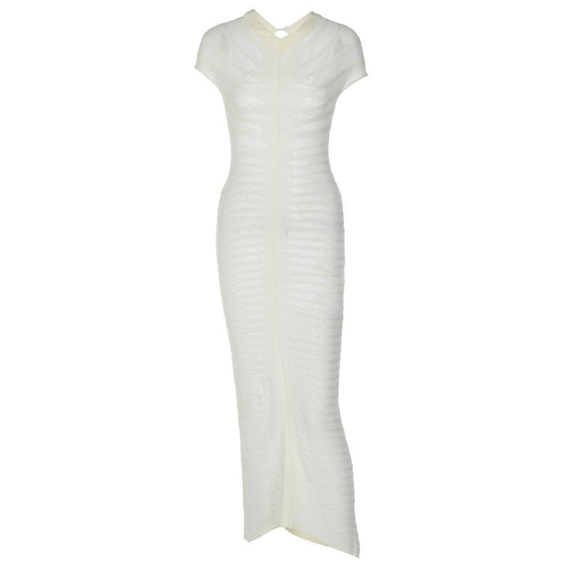 Short Sleeve Open Knit Pointelle Striped Bodycon Maxi Dress - View 9