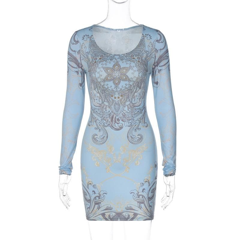Beaded long sleeve u neck abstract contrast mini dress - View 3