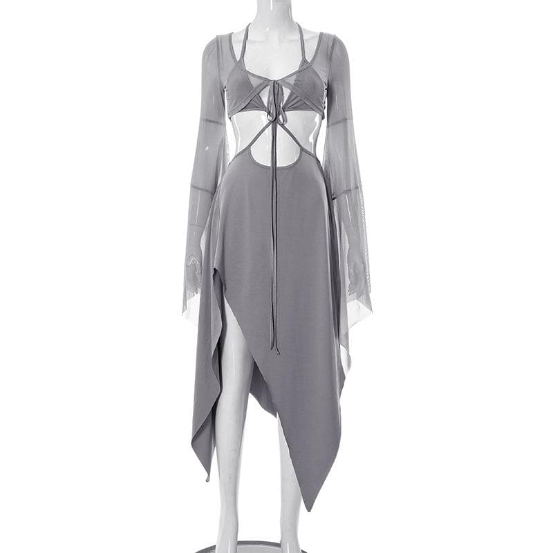 Mesh Halter Neck Flared Sleeve Cut Out High Split Midi Dress - View 4