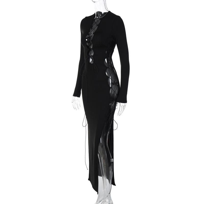Long sleeve solid hollow out slit self tie lace up midi dress - View 4
