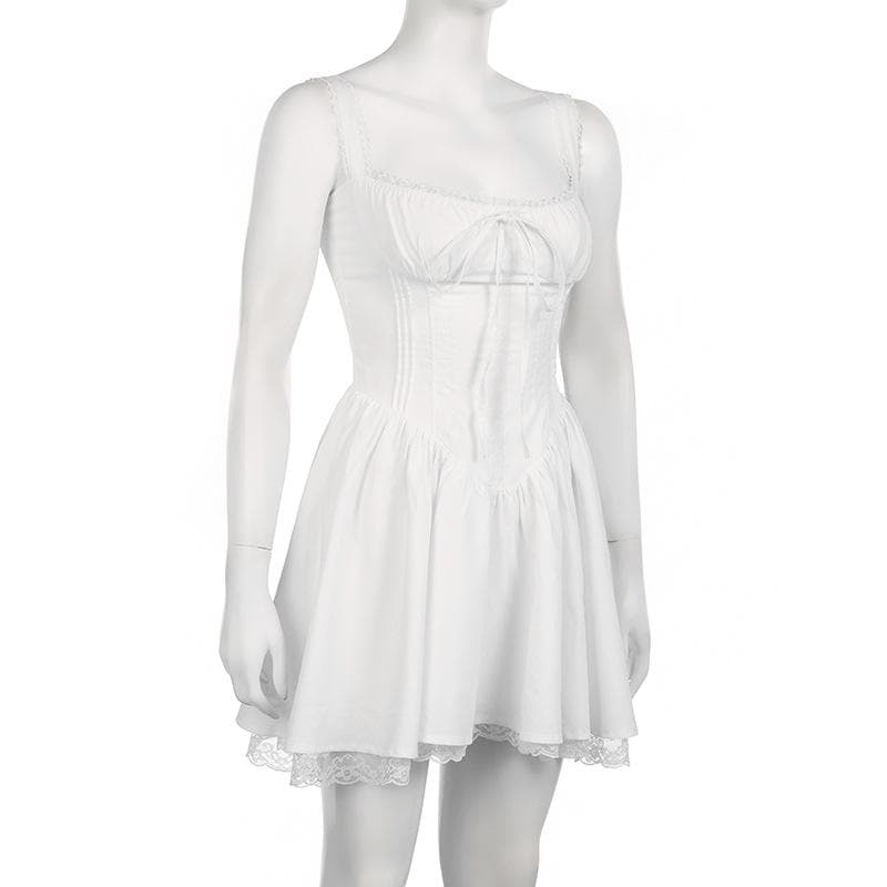 Zip-up lace hem ruched square neck backless solid mini dress - View 3