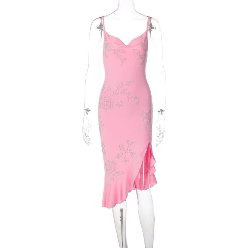 Beaded ruffle slit cowl neck backless irregular cami mini dress - View 9