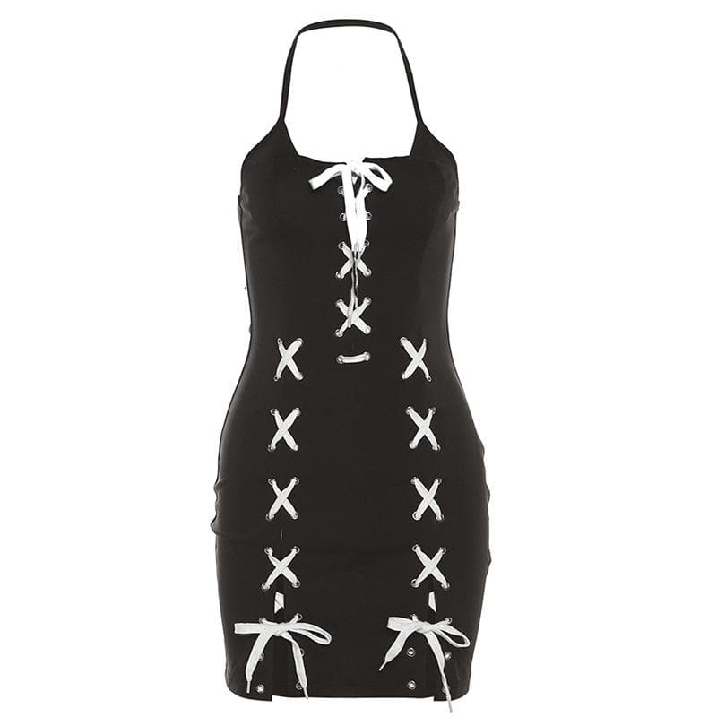 Halter Neck Lace Up Contrast Slit Bodycon Mini Dress - View 2