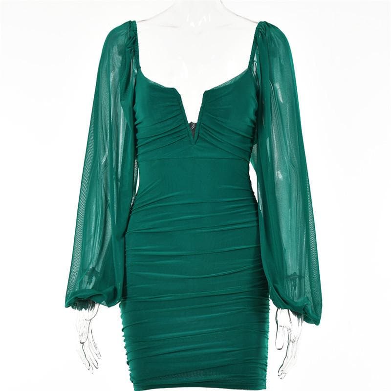Mesh solid long sleeve ruched notch neck zip-up mini dress - View 14