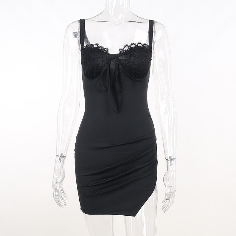 Ruched solid sleeveless lace slit self tie backless mini dress - View 3