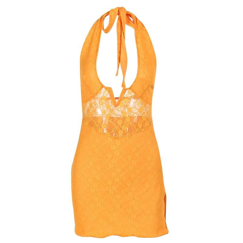 Lace Halter Deep V-Neck High Split Mini Dress - View 3