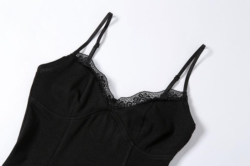 Lace hem solid v neck backless cami mini dress - View 5