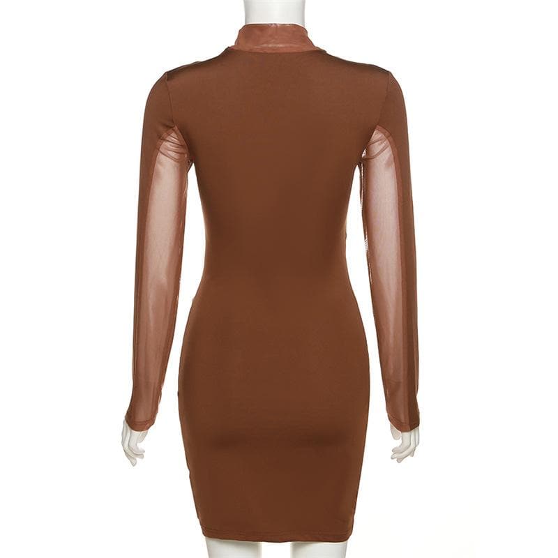 Long sleeve irregular high neck solid mesh mini dress - View 3