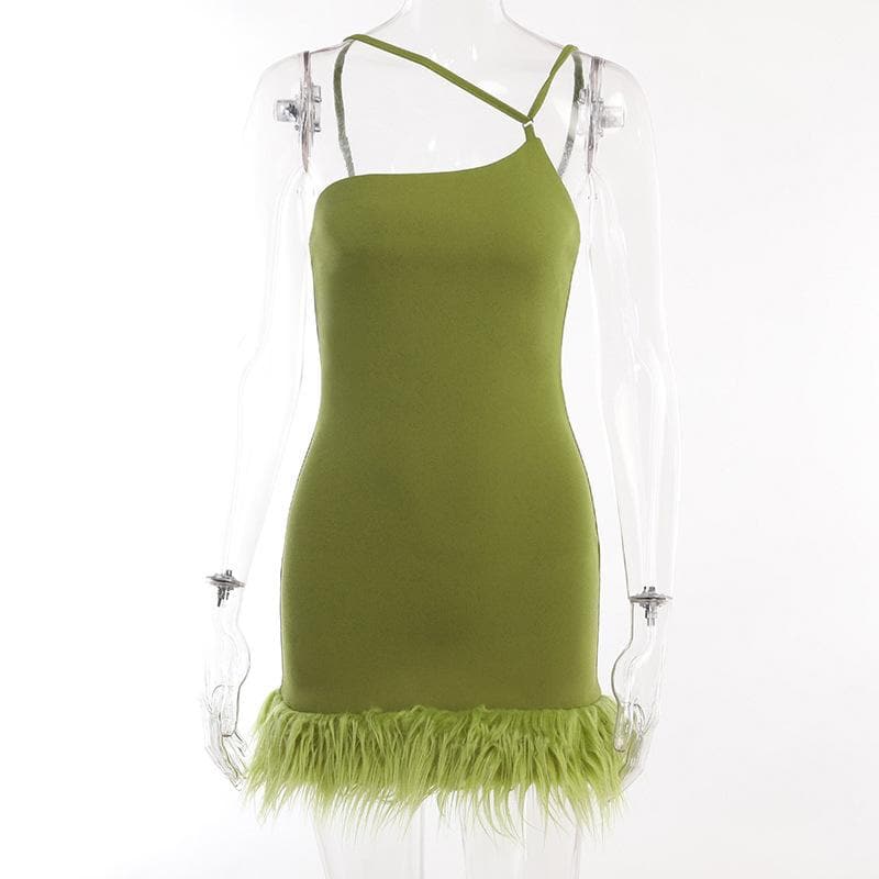 Solid irregular feather patchwork backless mini dress - View 2