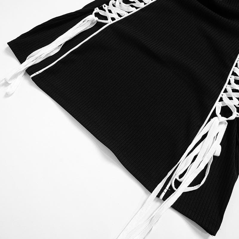 Crewneck long sleeve zip-up lace up contrast mini dress - View 4