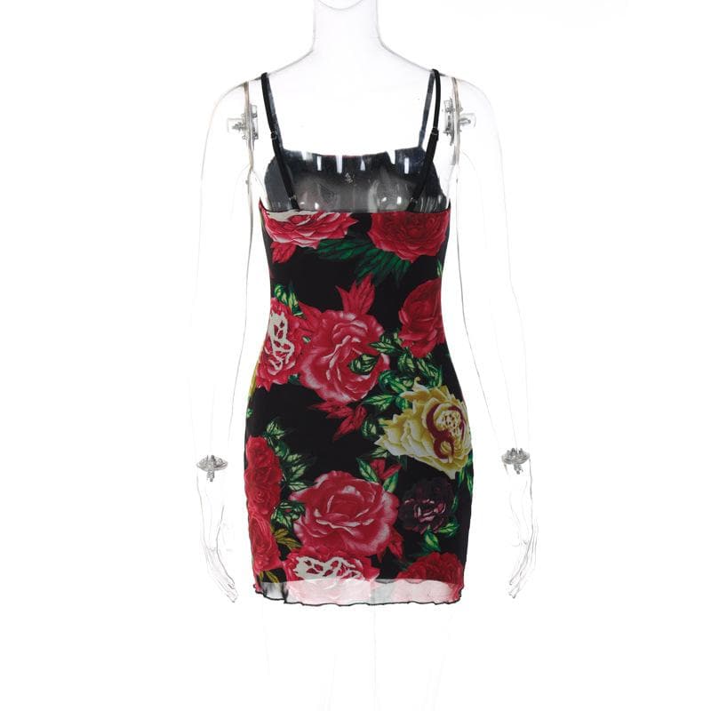 Rose Floral Print Square Neck Spaghetti Strap Bodycon Mini Dress - View 5
