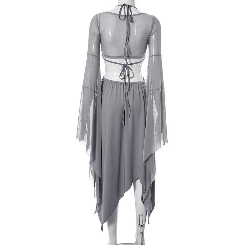 Mesh Halter Neck Flared Sleeve Cut Out High Split Midi Dress - View 6