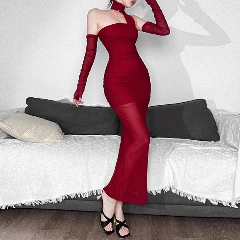 Mesh gloves ruched halter solid slit backless maxi dress - View 2