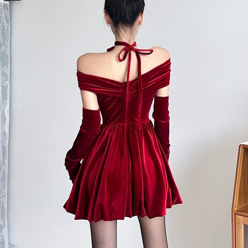 Velvet ruched zip-up off shoulder long sleeve solid mini dress - View 4