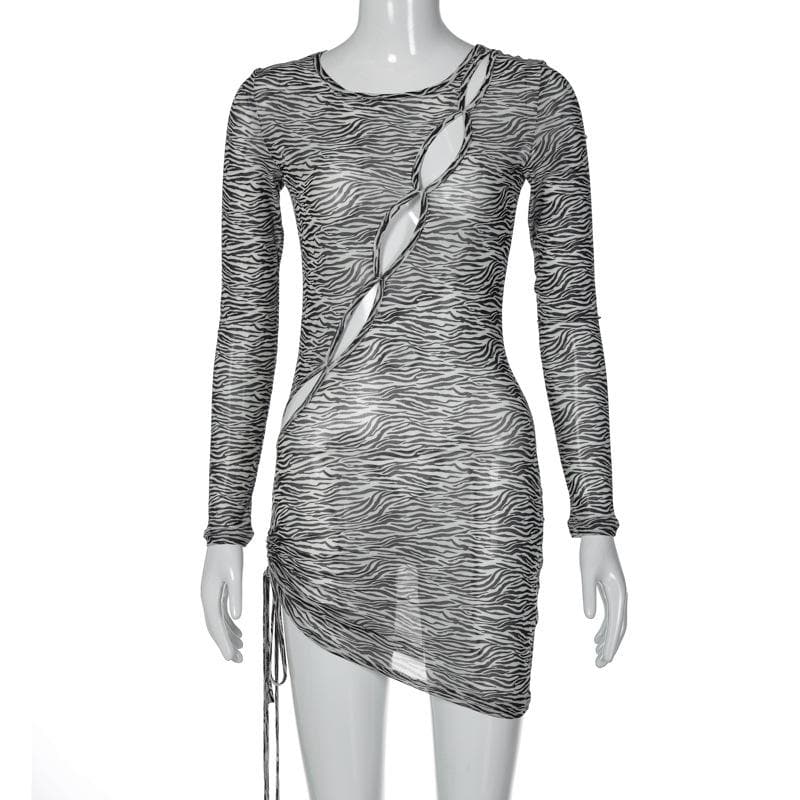 Zebra print hollow out irregular long sleeve sheer mini dress - View 9