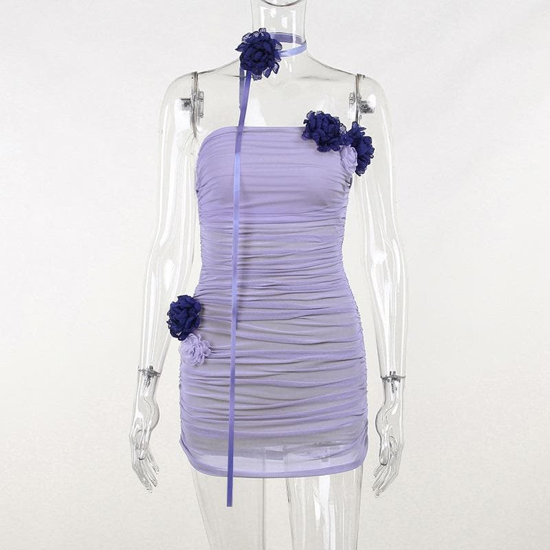 Strapless Rosette Ruched Mesh Backless Bodycon Mini Dress - View 5