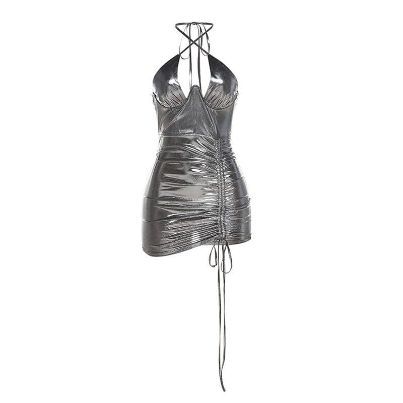 Metallic Halter Neck Ruched Drawstring Bodycon Mini Dress - View 2