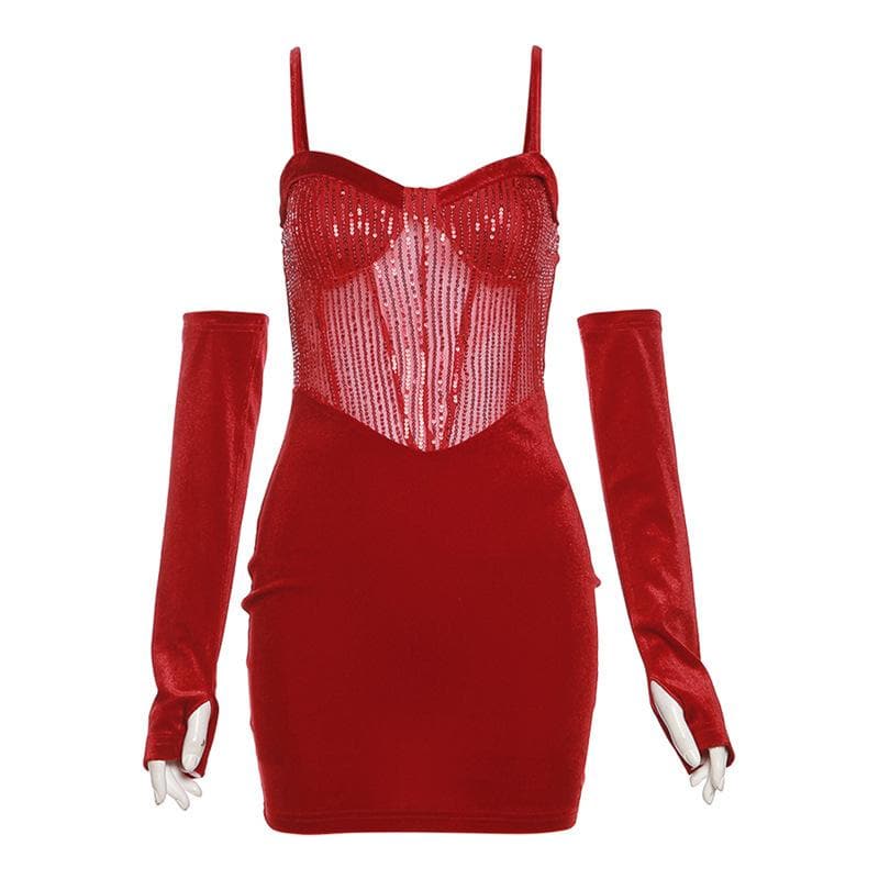Sweetheart neck gloves velvet glitter mesh patchwork cami dress - View 3