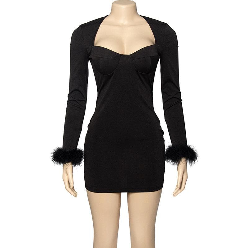 Feather Patchwork Long Sleeve Low Cut Mini Dress - View 3