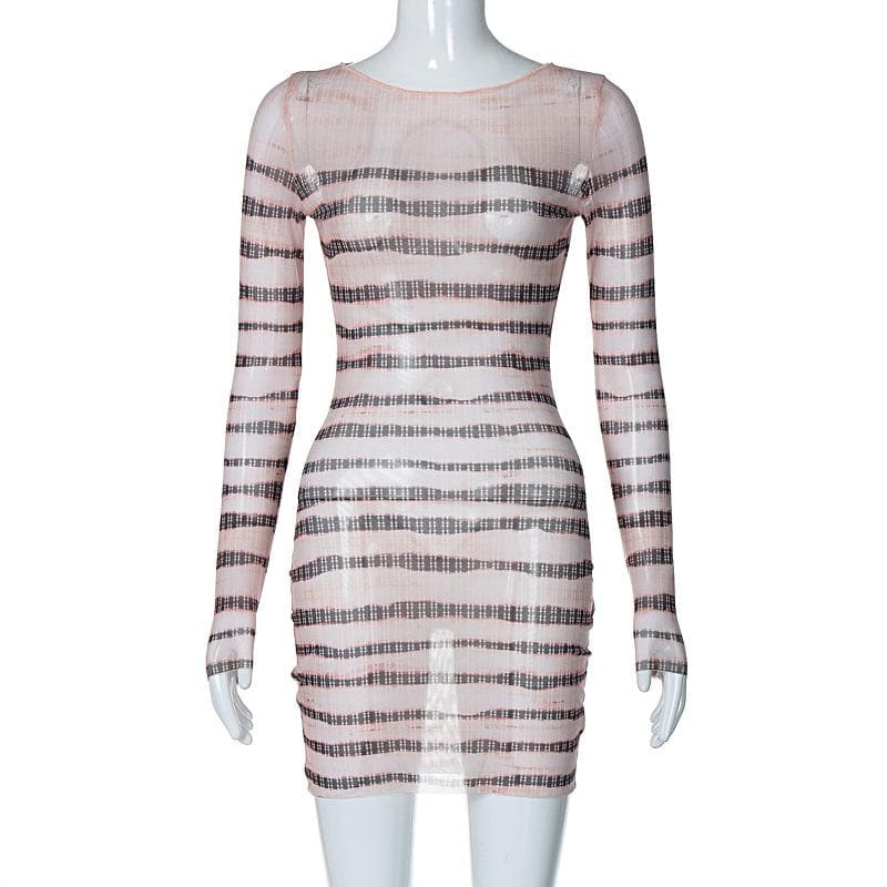 Long sleeve striped print sheer mesh crewneck ruffle mini dress - View 2
