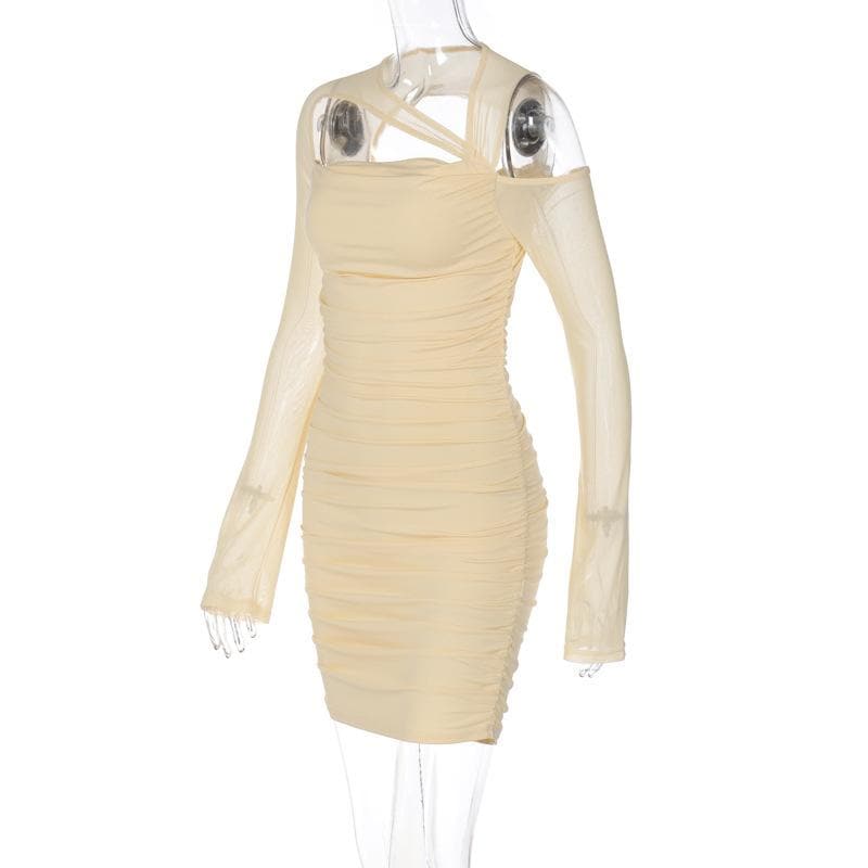 Ruched irregular mesh hollow out long sleeve mini dress - View 7
