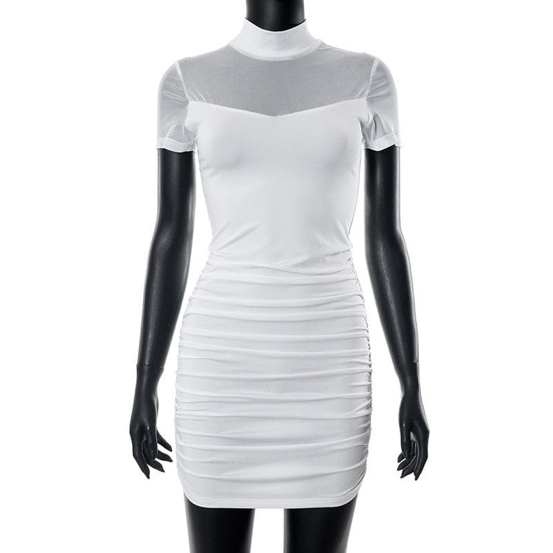 High neck short sleeve mesh patchwork ruched solid mini dress - View 4