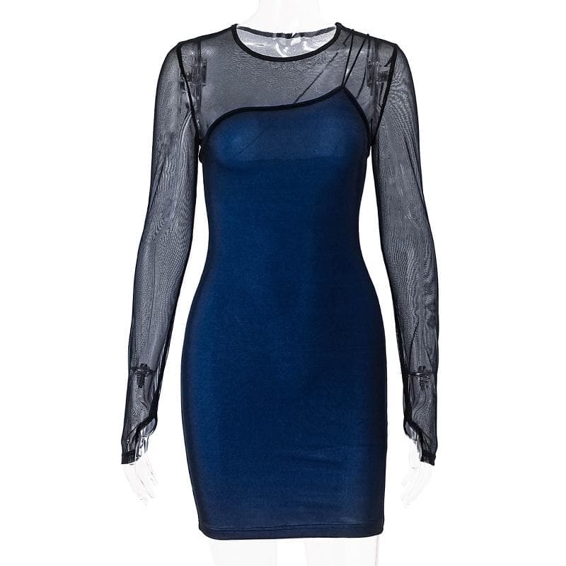 Long sleeve gloves mesh patchwork stitch contrast mini dress - View 8