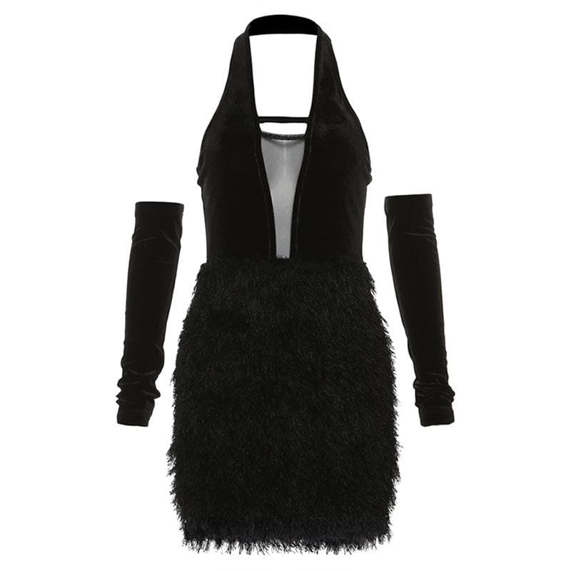 Mesh Halter Neck Glove Sleeve Cut Out Fringe Mini Dress - View 8