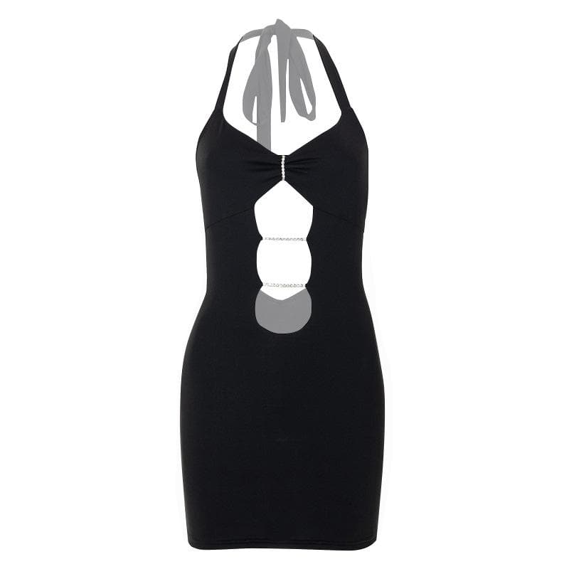Halter Neck Ruched Cut Out Beaded Bodycon Mini Dress