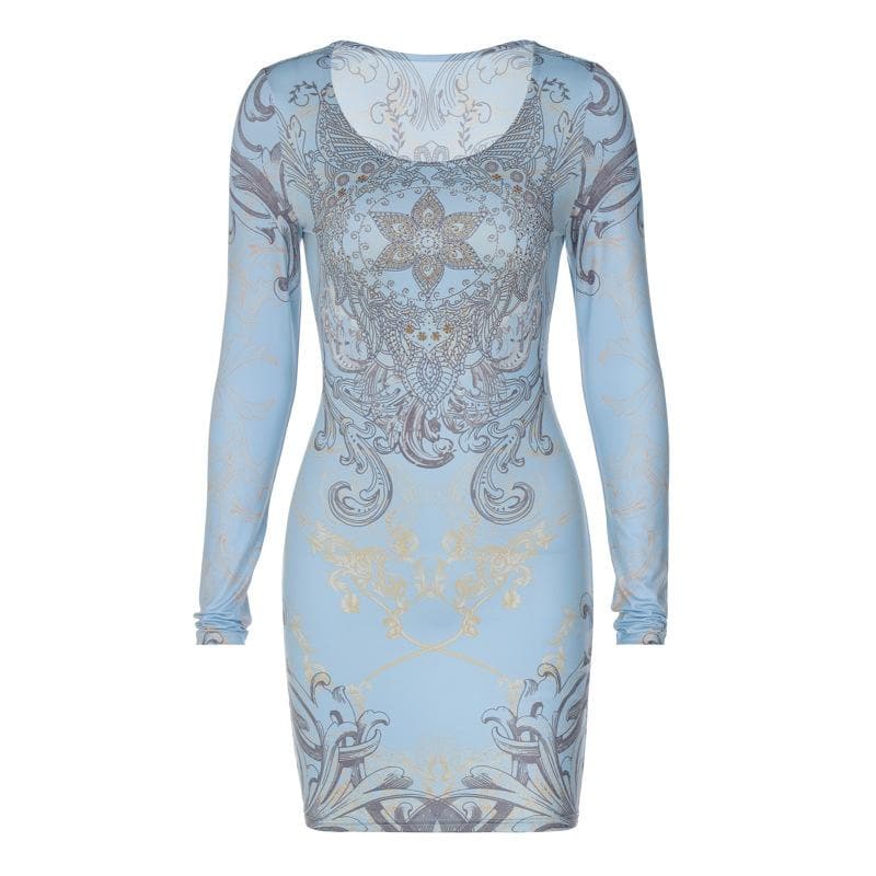 Beaded long sleeve u neck abstract contrast mini dress - View 2