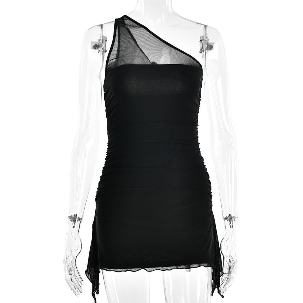 Solid one shoulder mesh patchwork ruffle ruched zip-up mini dress - View 3