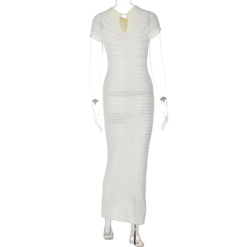 Short Sleeve Open Knit Pointelle Striped Bodycon Maxi Dress - View 5