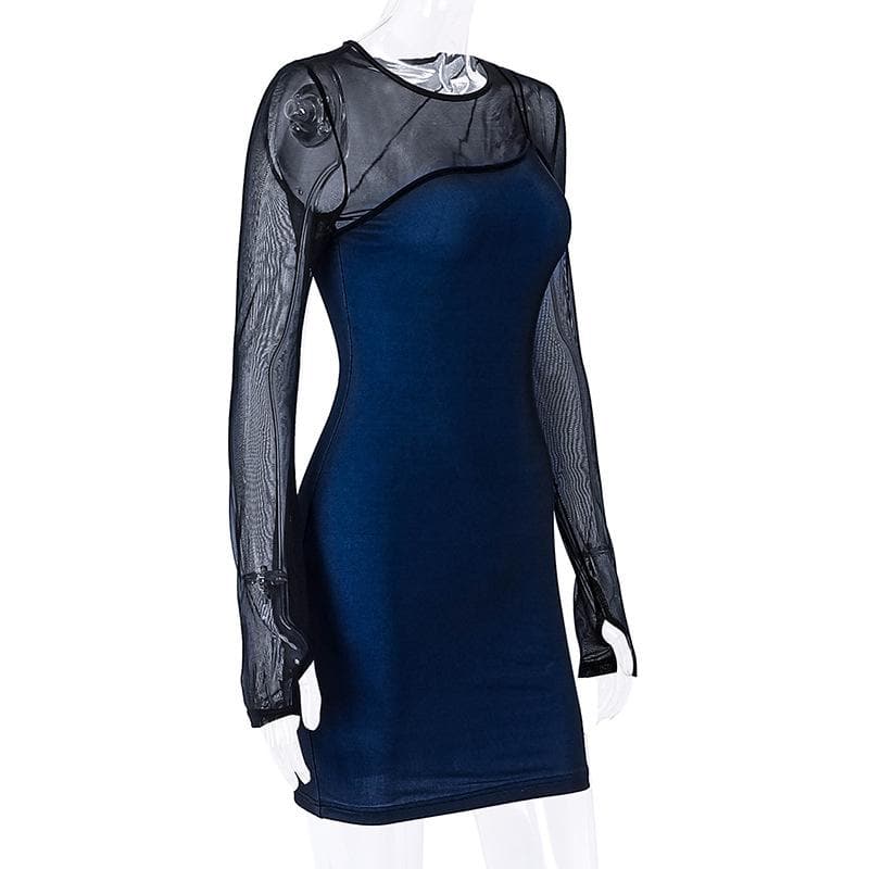Long sleeve gloves mesh patchwork stitch contrast mini dress - View 3