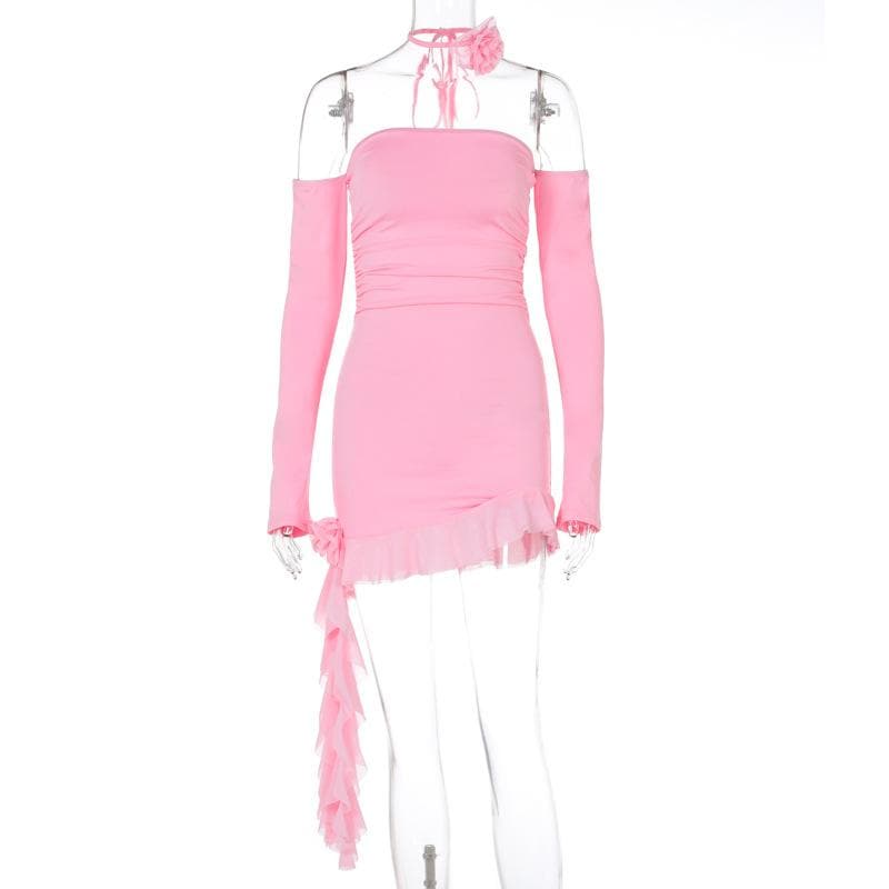 Off Shoulder Long Sleeve Ruched Ruffle Hem Bodycon Mini Dress - View 2