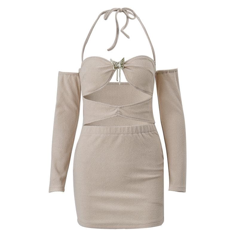 Halter Neck Off Shoulder Long Sleeve Cut Out Bodycon Mini Dress