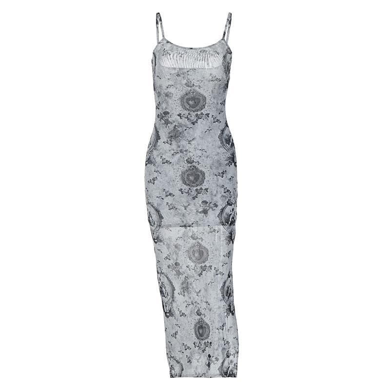 Slit contrast print sheer mesh see through u neck cami midi dress - View 2