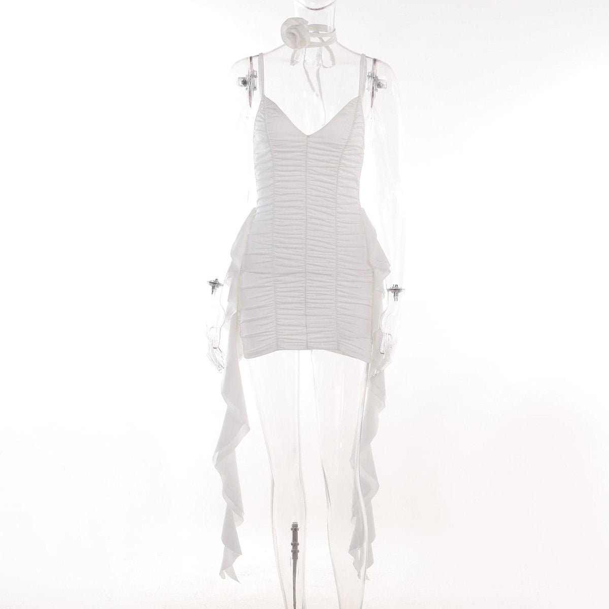 V-Neck Spaghetti Strap Ruched Bodycon Mini Dress - View 8