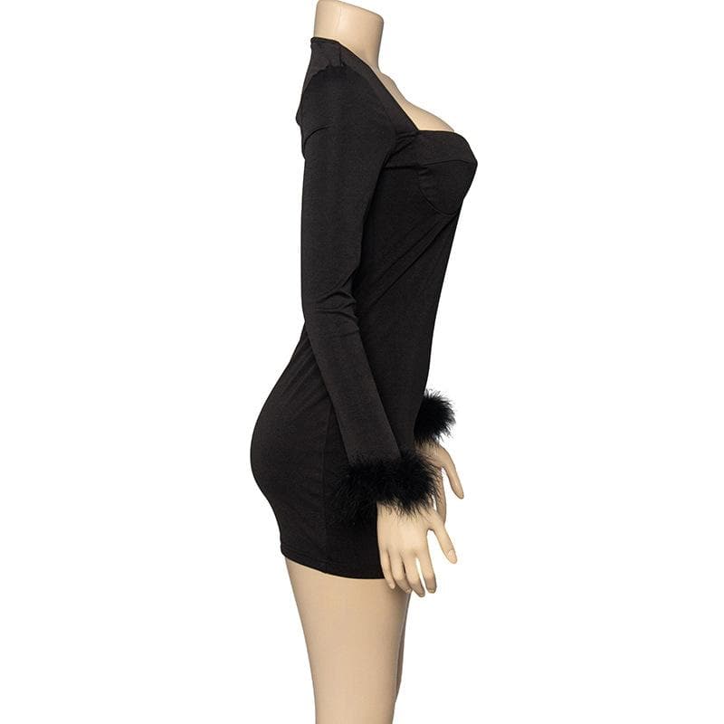 Feather Patchwork Long Sleeve Low Cut Mini Dress - View 4