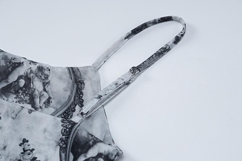 Slit contrast print sheer mesh see through u neck cami midi dress - View 5