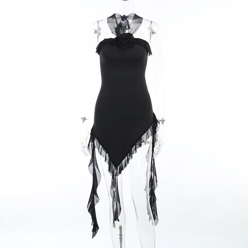 Strapless Flower Applique Ruffle Asymmetric Mini Dress - View 9