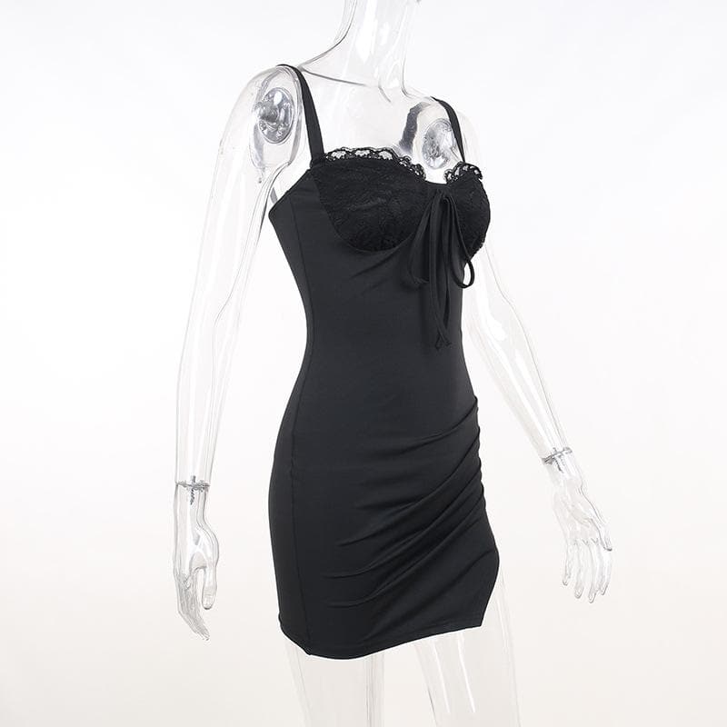 Ruched solid sleeveless lace slit self tie backless mini dress - View 4