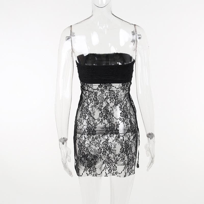 Lace see through solid slit backless tube dress - Final Sale - View 4
