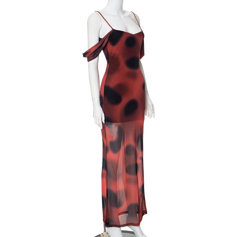 Polka dot mesh contrast off shoulder ruched cami maxi dress - View 7