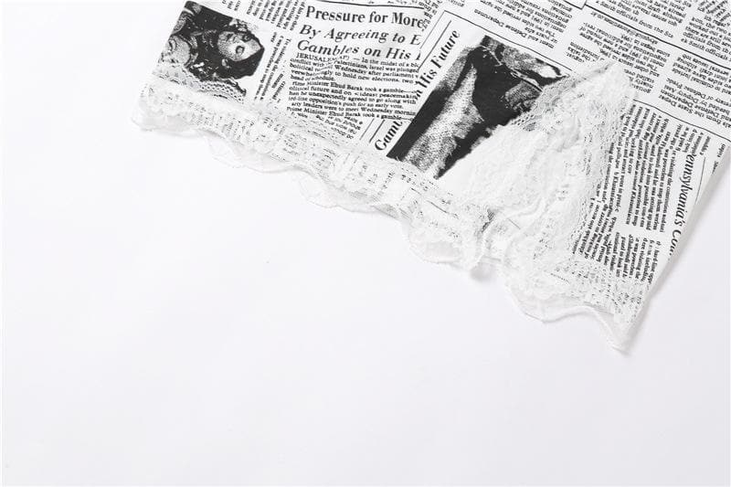 Newspaper Print Lace Trim Spaghetti Strap Sweetheart Mini Dress - View 5