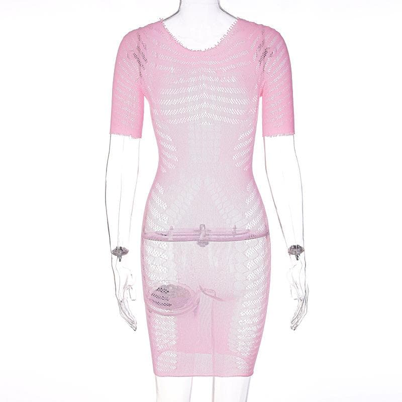 Fishnet hollow out lace up short sleeve solid mini dress - View 3