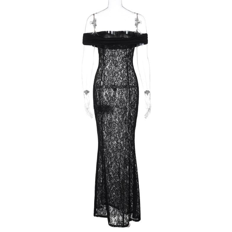 Lace off shoulder see through solid ruched maxi dress - View 4