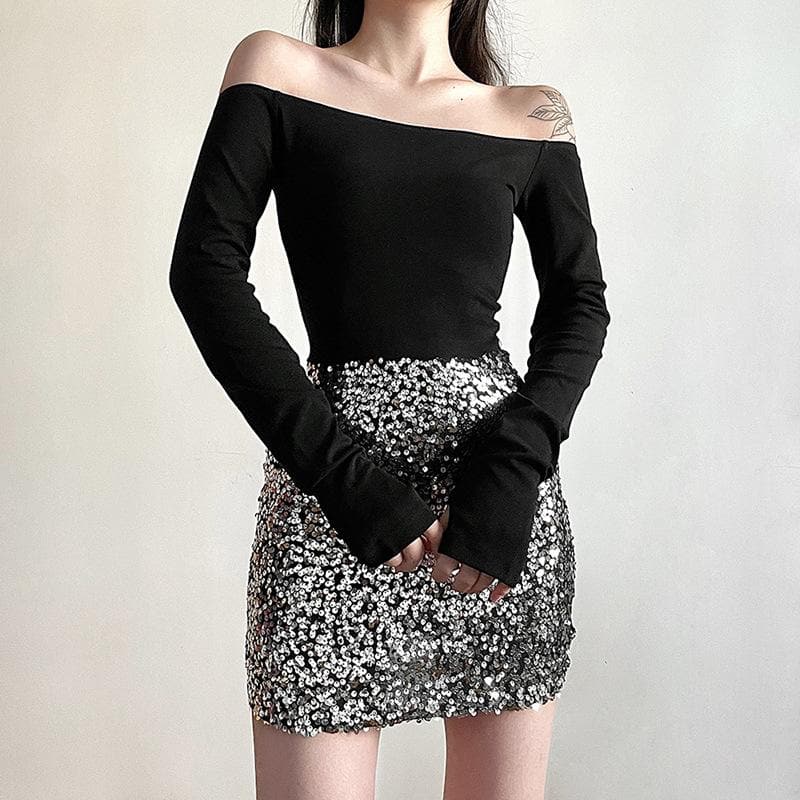 Glitter patchwork off shoulder gloves mini dress - View 9