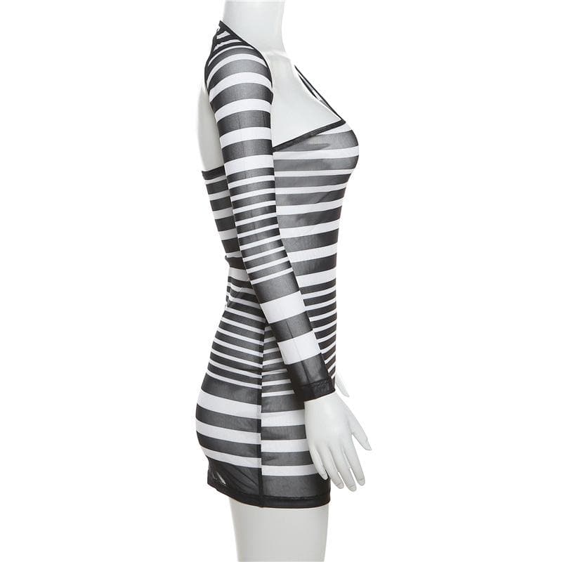 Irregular sheer mesh see through one shoulder striped mini dress - View 3